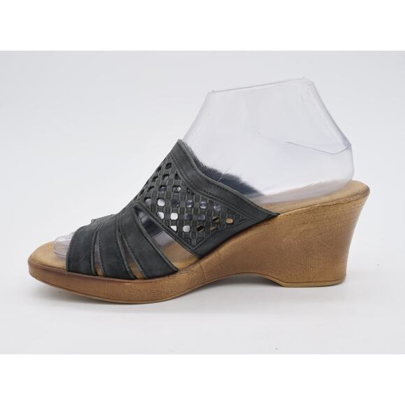 Spring Step Sandals Women 8.5 Black Leather Perforated Platform Wedge Heel Slide - Picture 5 of 10